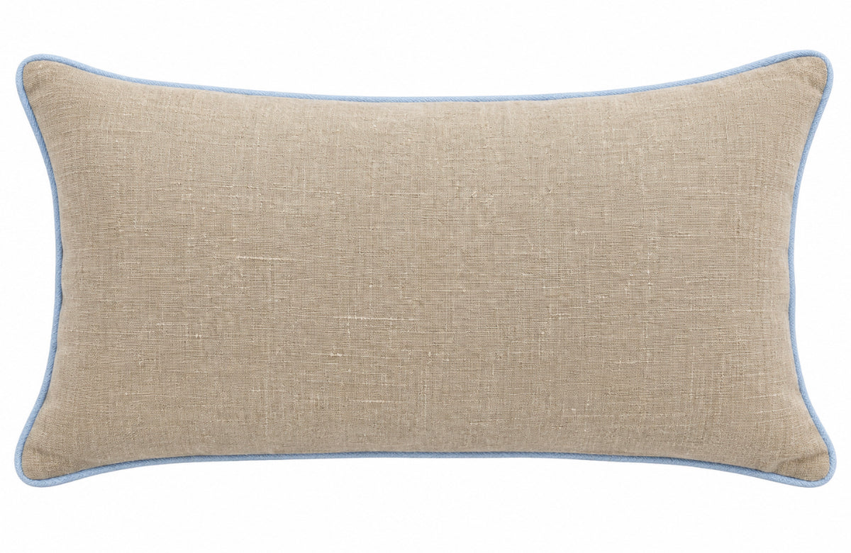 European Linen Lumbar Pillow with light coastal blue pencil welt