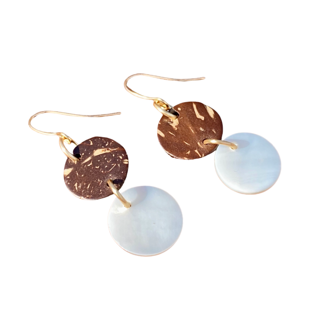 Earthy Coastal Coconut & Mother of Pearl Boho Earrings