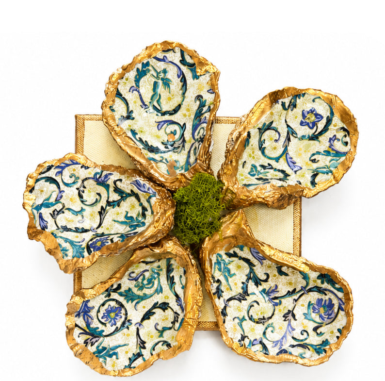 Oyster Flower on Gilded Canvas-  Mixed Media Art / Blue &  Multi-color, Filagree Swirl Motif