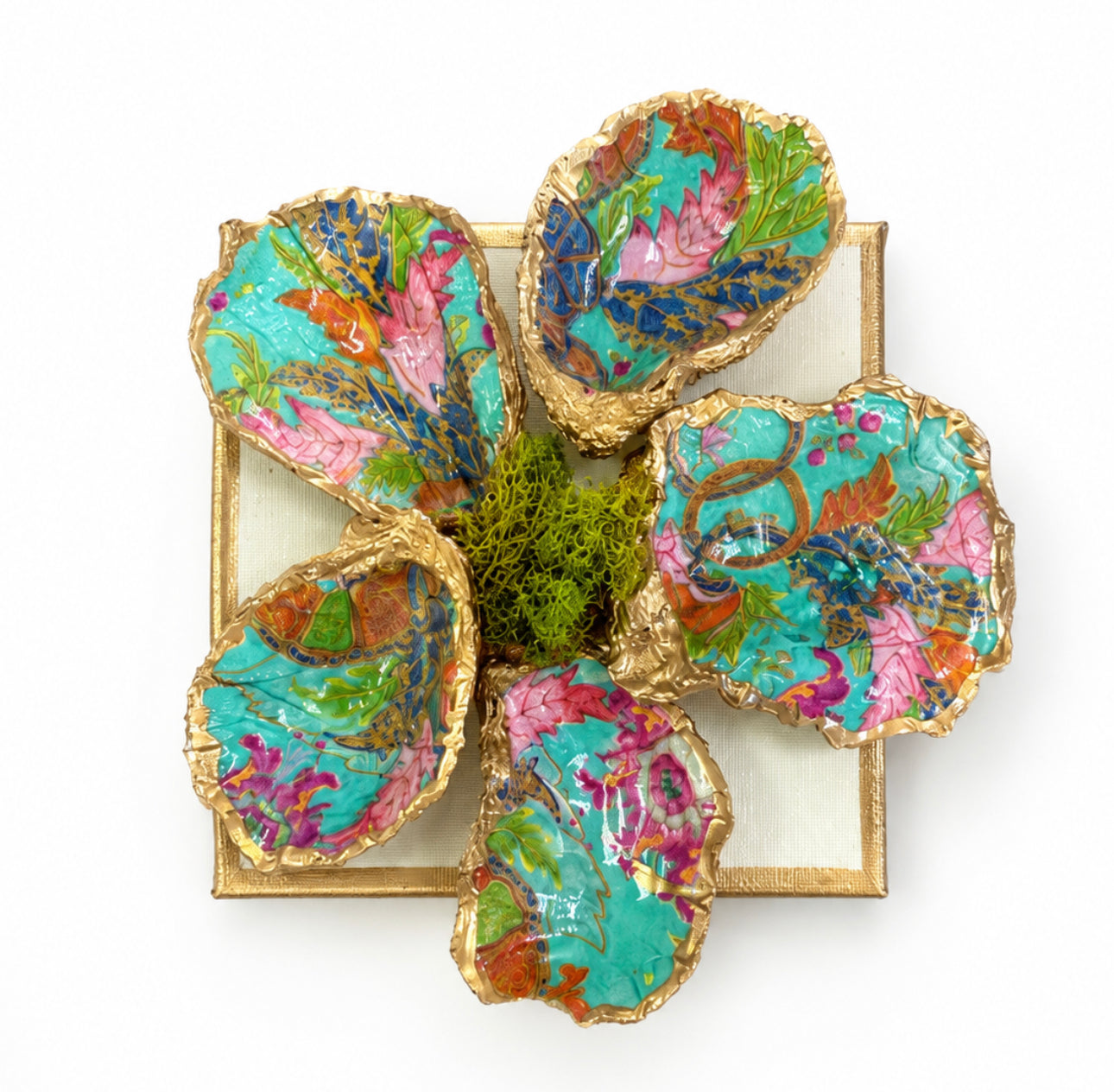 Oyster Flower on Gilded Canvas-  Mixed Media Art / Aqua Botanical