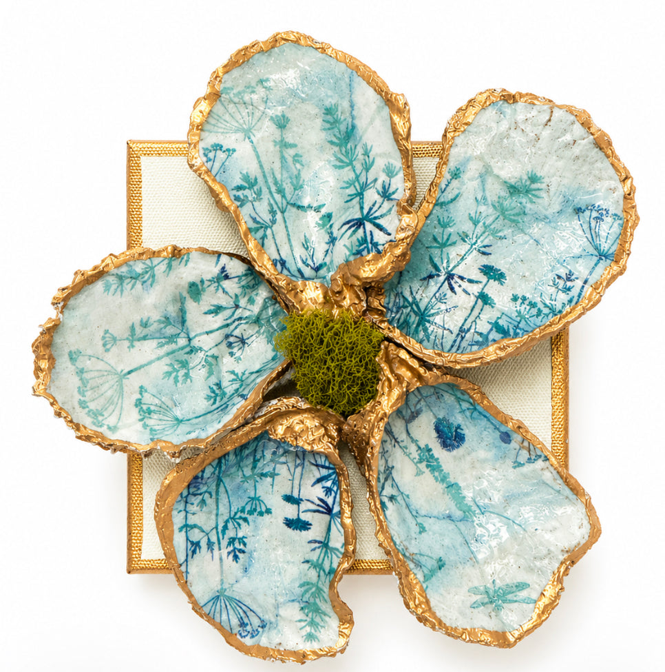 Oyster Shell Flower Sculpture on Gilded Canvas-  Mixed Media Art /  Blue Botanical Sea Grass& flowers