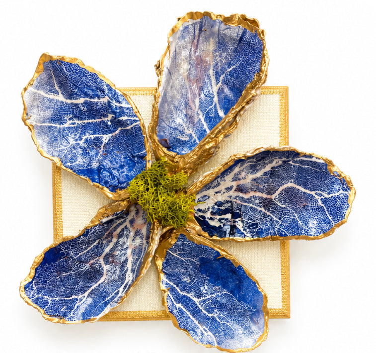 Oyster Flower on Gilded Canvas- Mixed Media Art, Blue  Sea Fans & Coastal Coral