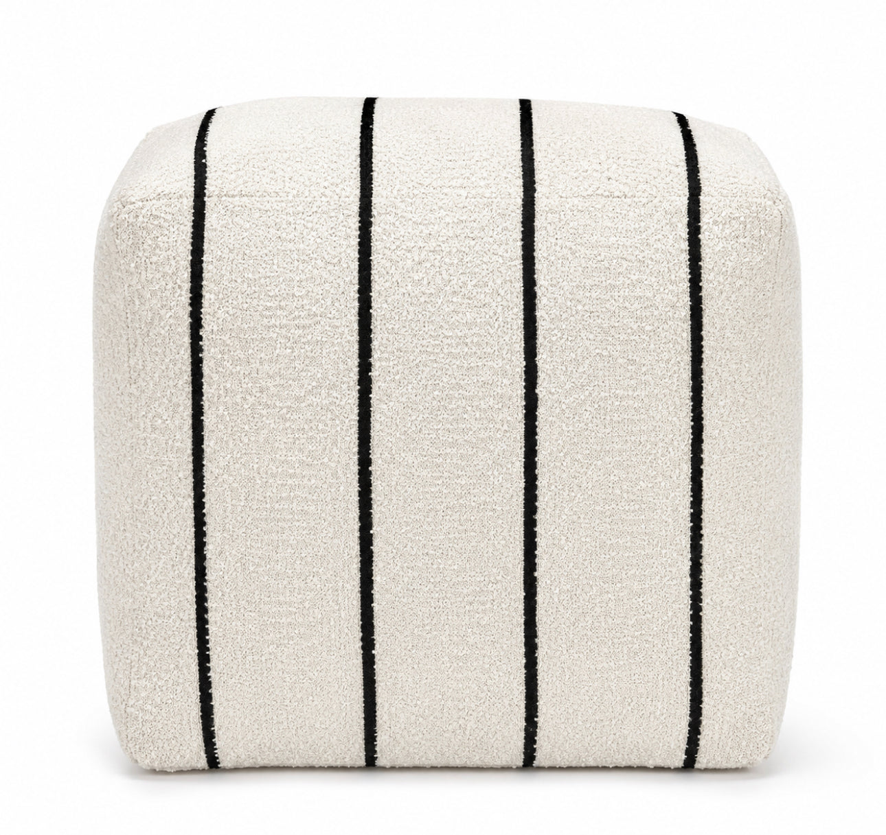 Striped Upholstered Ivory and Black Pouf