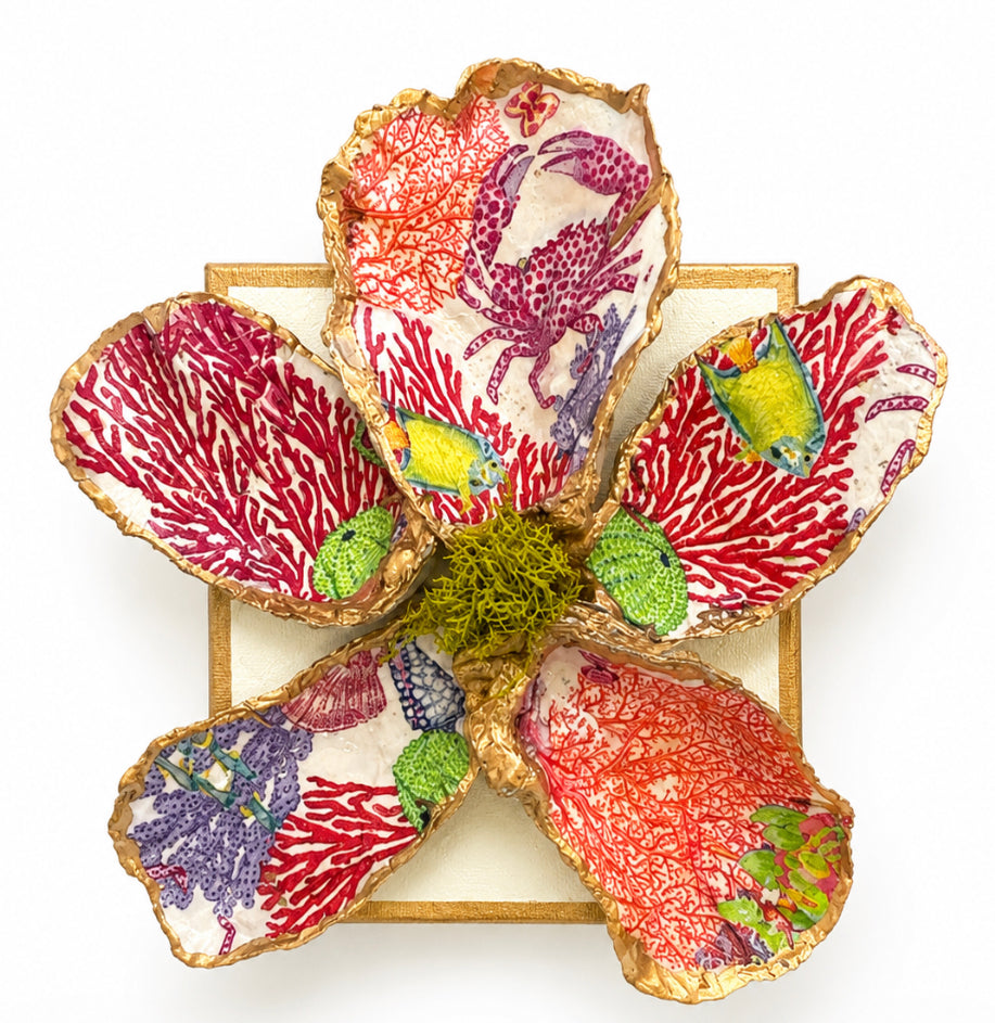 Oyster Shell Flower Sculpture on Gilded Canvas-  Mixed Media Art / Coral & Sealife