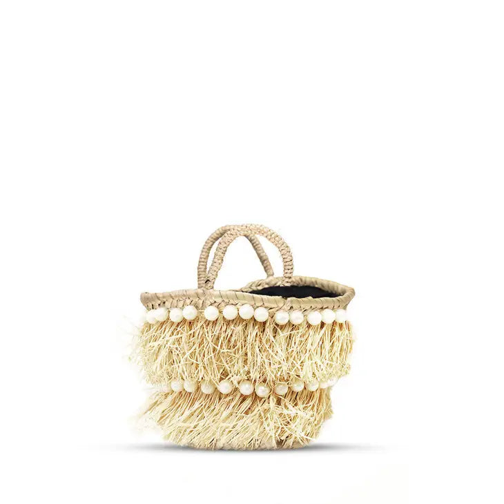 Straw Fringe Bag with Pearls