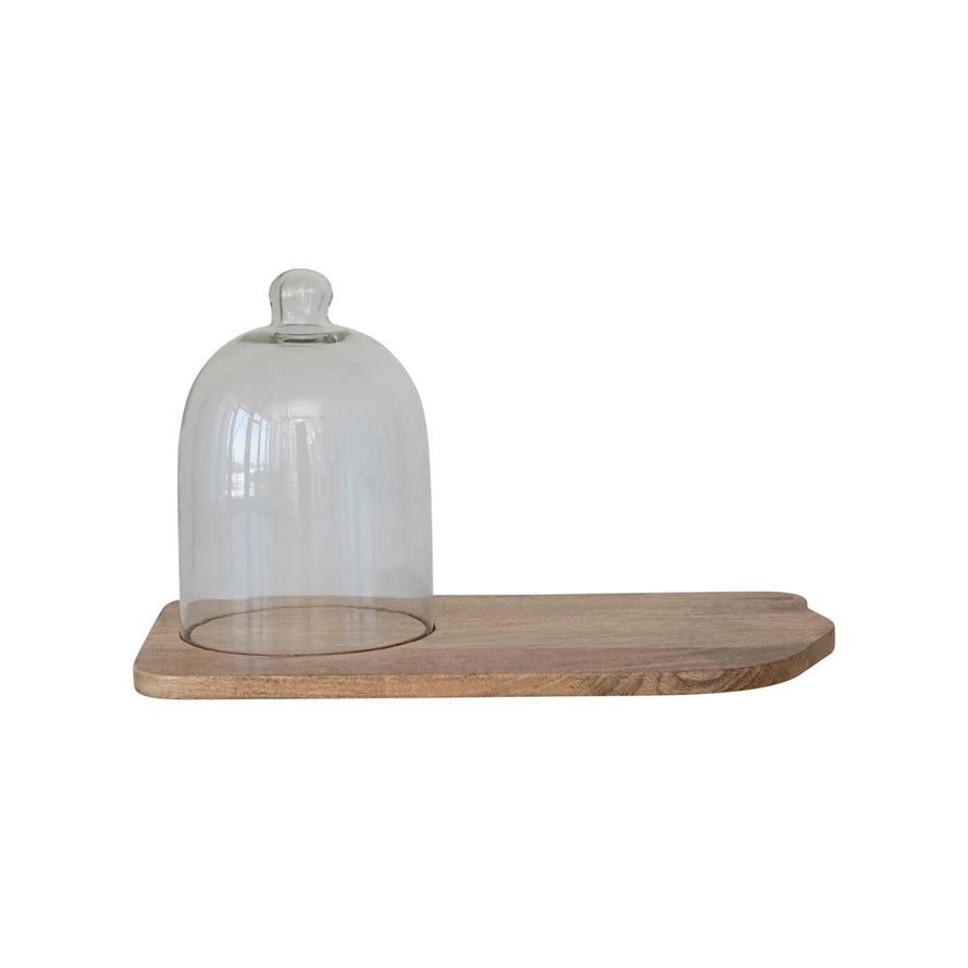 Mango Wood Tray w/ Glass Cloche