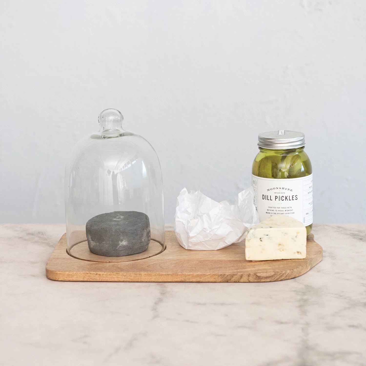 Mango Wood Tray w/ Glass Cloche