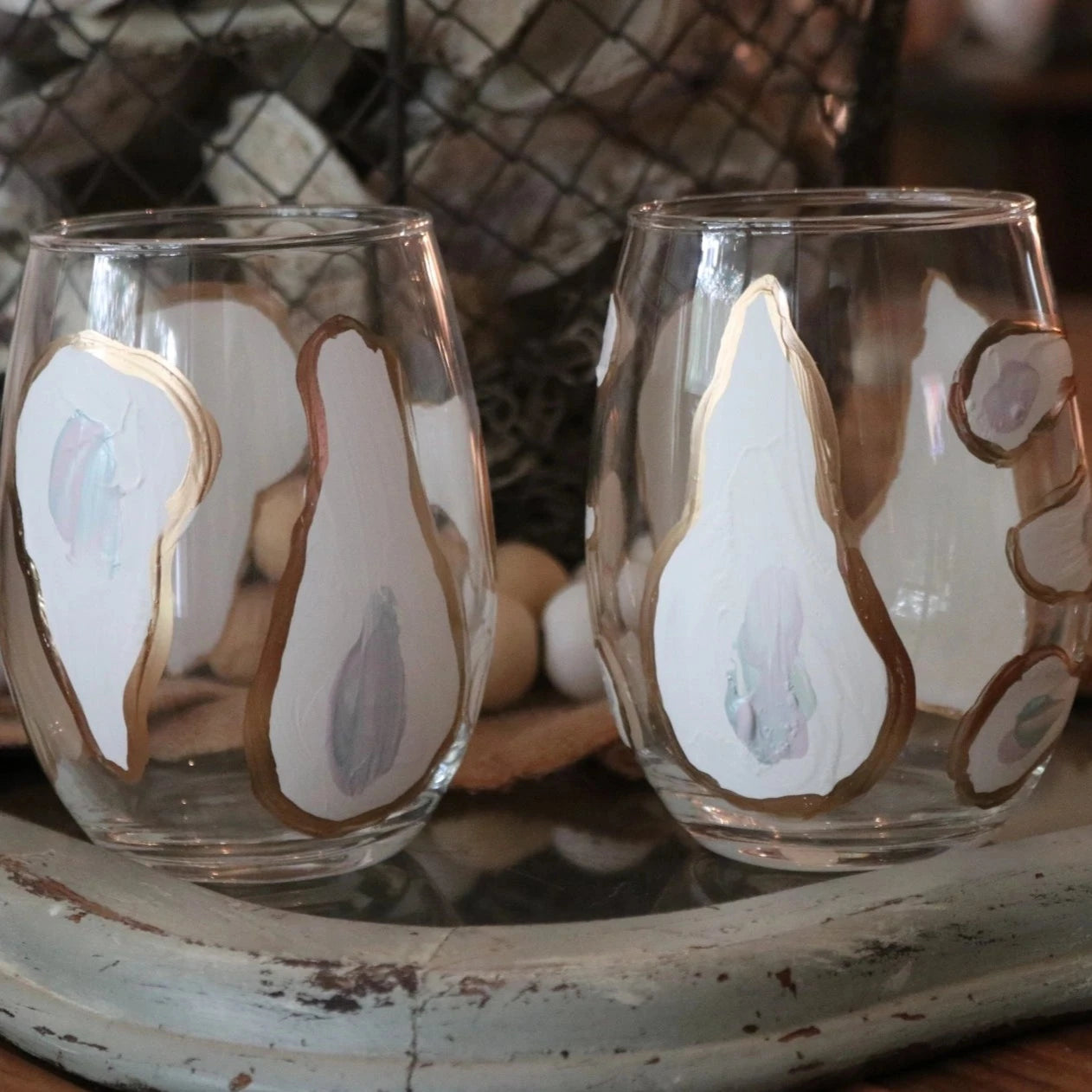 Hand Painted Oyster Glassware